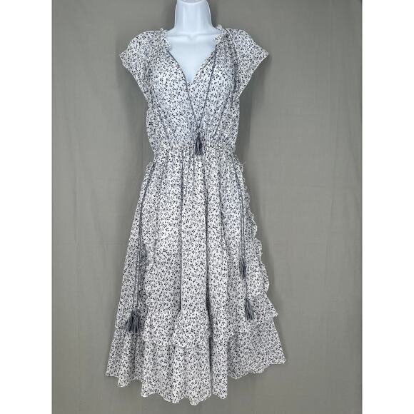 Ulla Johnson Dress Womens 2 White Floral Midi Navy Blue Tiered Ruffle Cottage - Picture 1 of 7